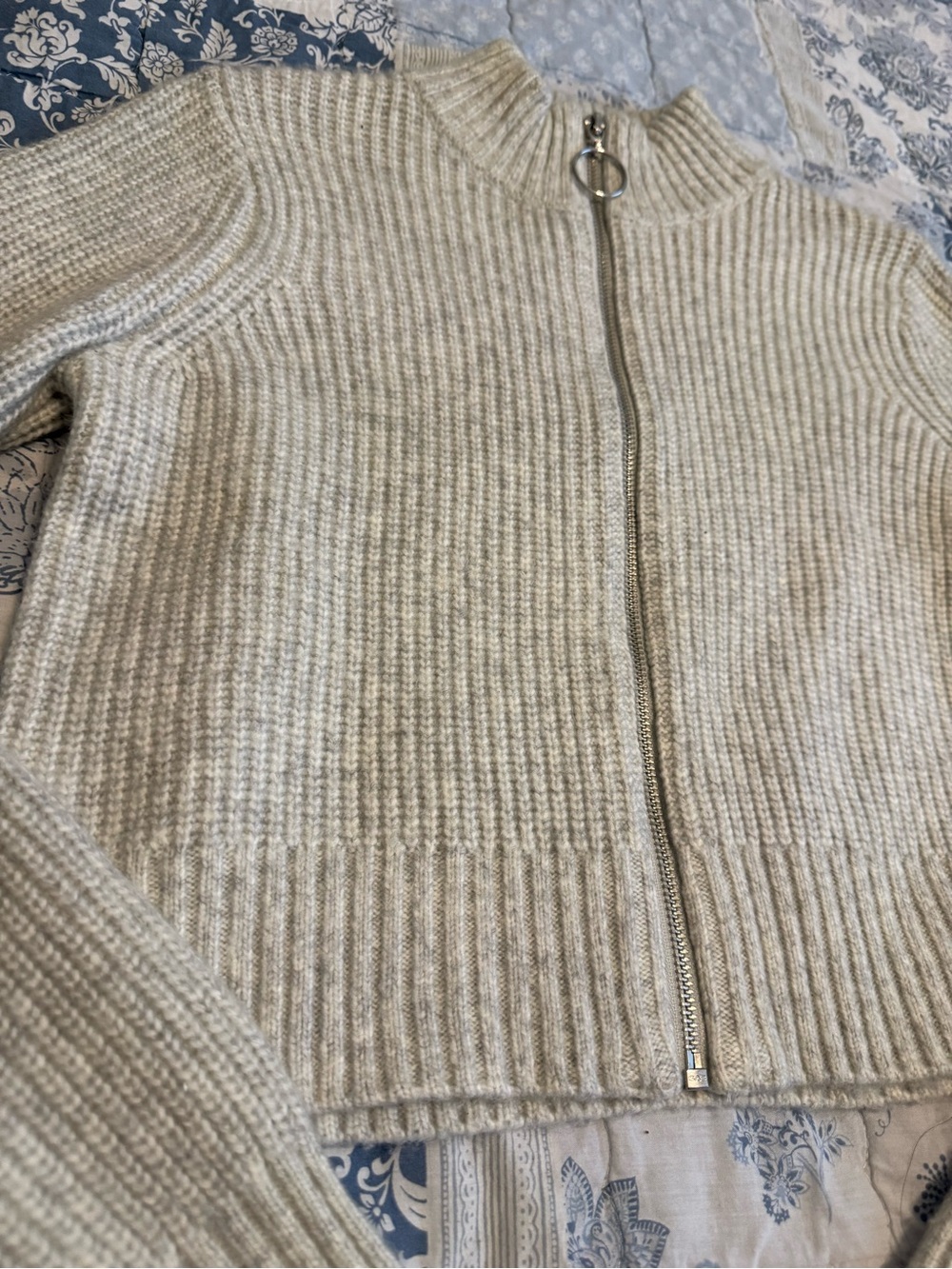 William Rast Cream Ribbed Zip Cropped Cardigan - Picture 2 of 4